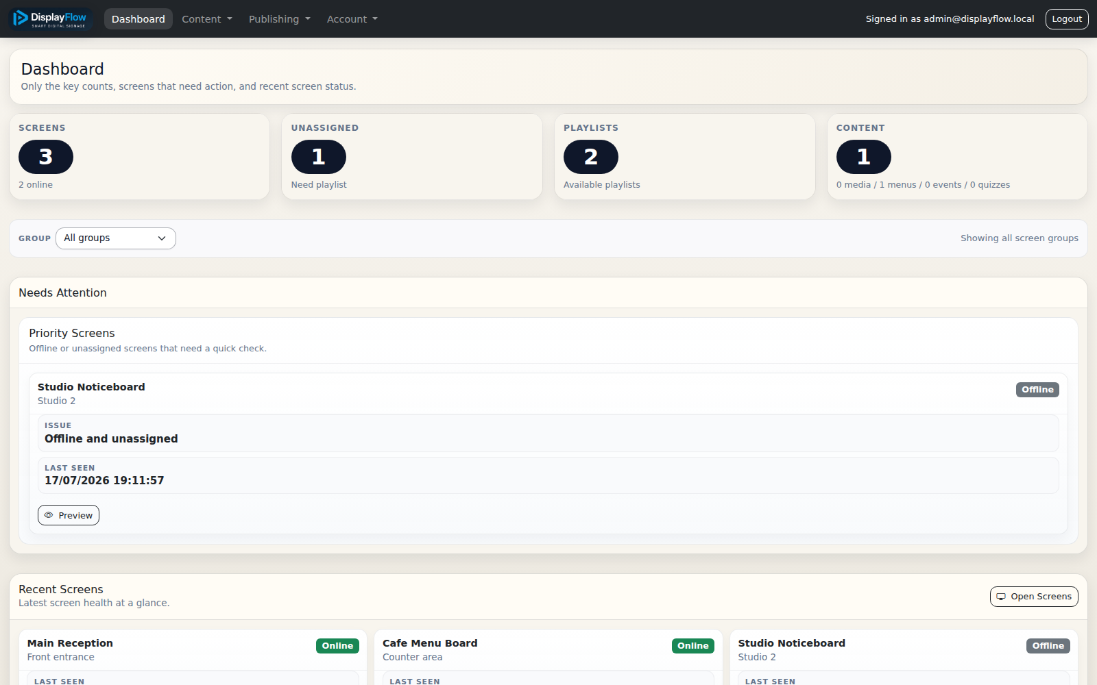 DisplayFlow dashboard showing screen status, playlists and screens needing attention