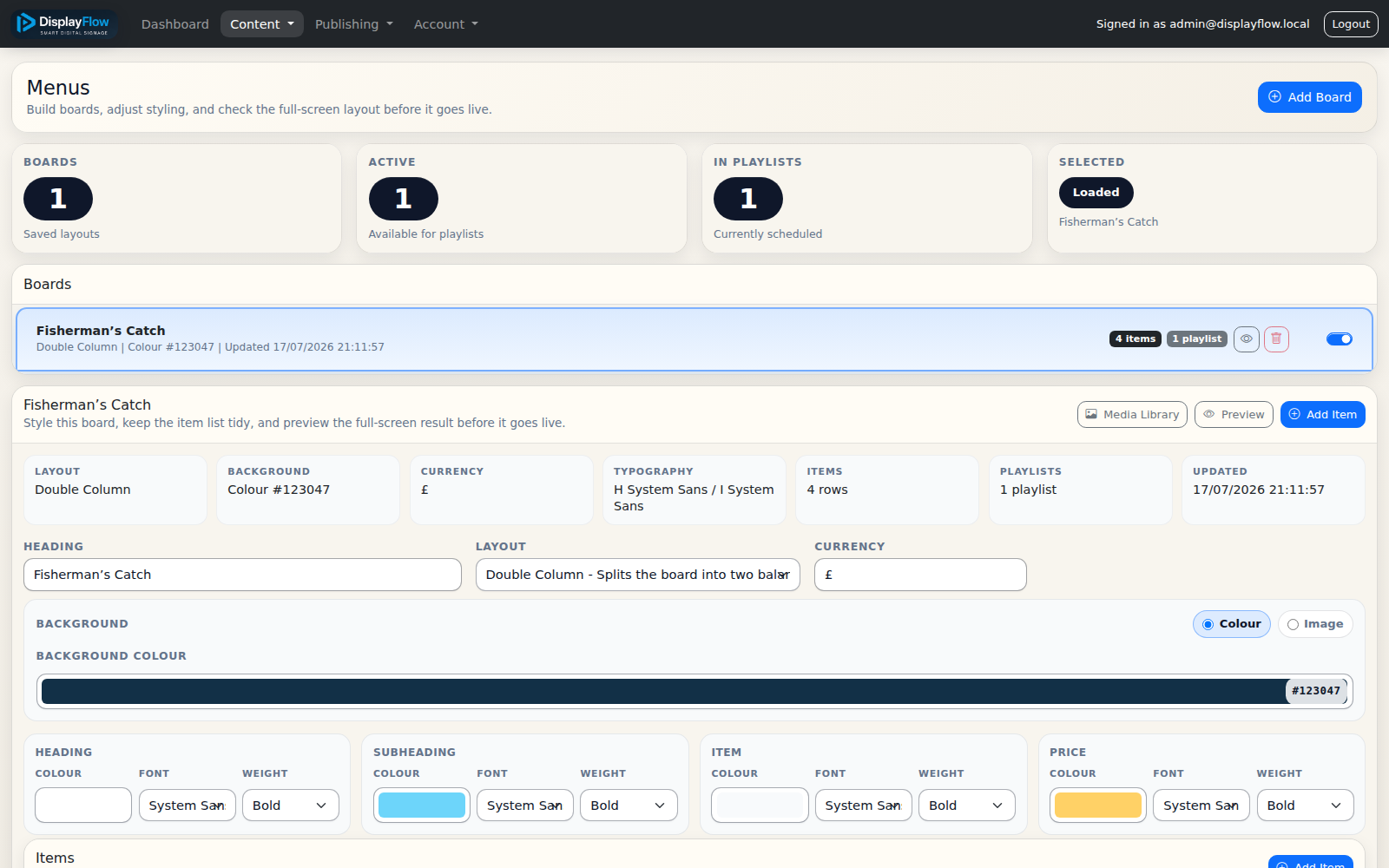 DisplayFlow menu-board editor with layout, colour, currency and typography controls
